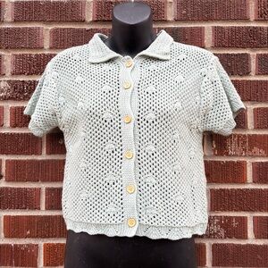 Lumiere Women’s Sz S Short sleeve Cotton crochet baby blue cardigan sweater top